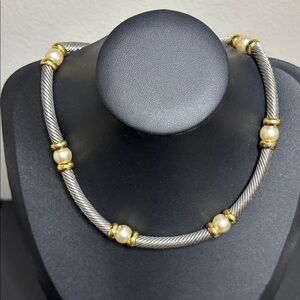 Elegant Two Tone Silver Gold Hampton Choker Cable Pearl Beaded Necklace